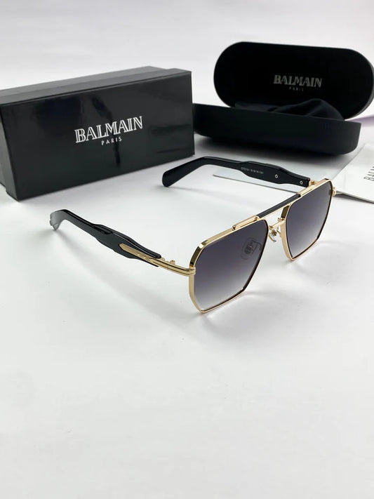 Balmain Geometric Navigator Sunglasses with Gold Metal Frames and Smoke Gradient Lenses