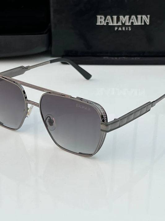 Balmain Gunmetal Geometric Navigator Sunglasses with Perforated Side Shield Detail and Grey Gradient Lenses