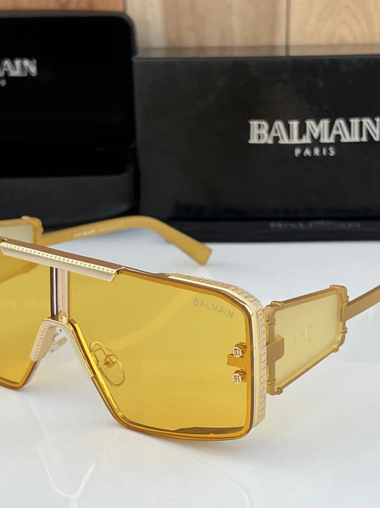 Balmain Oversized Gold Shield Sunglasses with Yellow Tint Lenses and Detailed Mesh Bridge