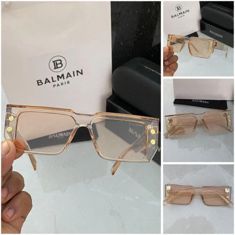 Balmain Transparent Champagne Square Sunglasses with Gold Logo Studs and Peach Tint Lenses
