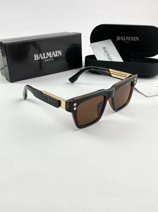 Balmain Luxury Black Square Sunglasses with Gold Architectural Temples and Brown Lenses